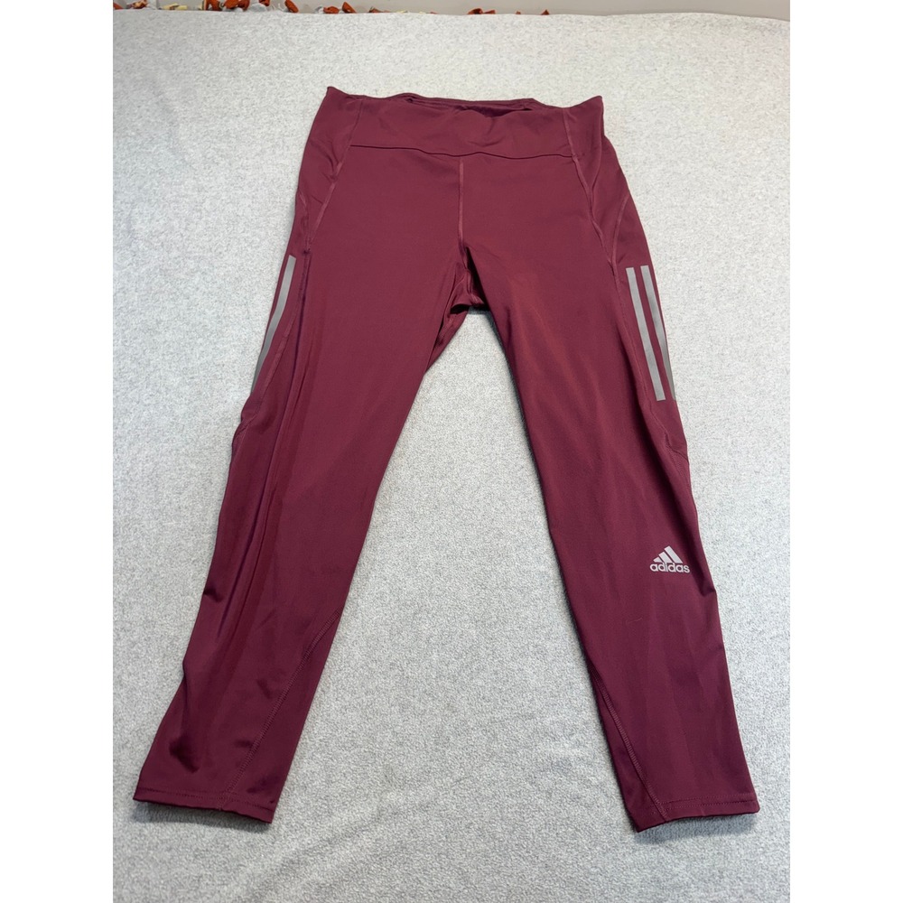 Adidas Primegreen Running Leggings Womens XL Burgundy Reflective Pocket Athletic